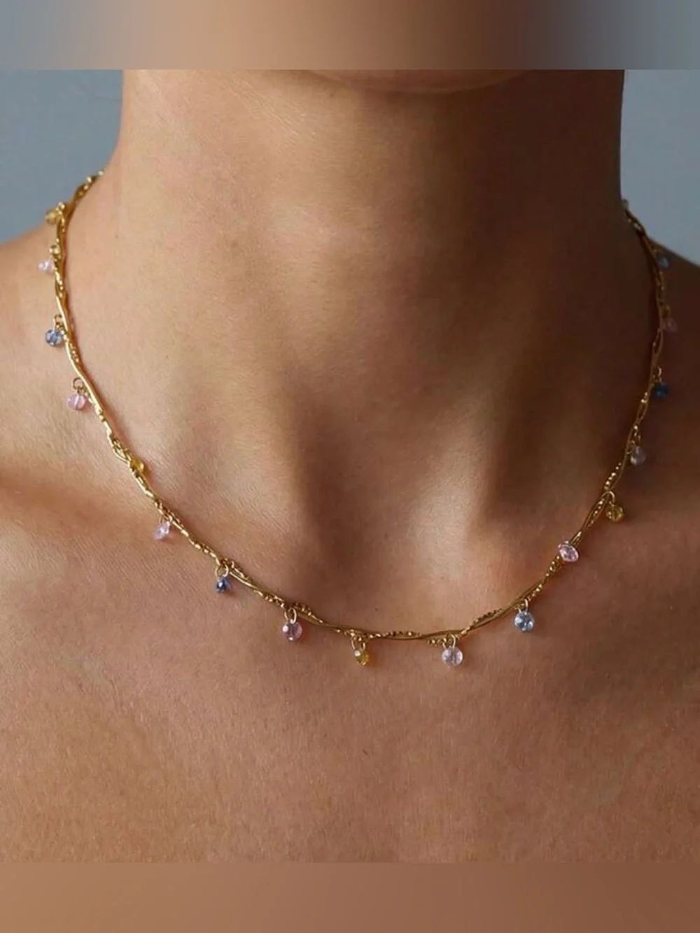 Gold Necklace with Pink and Blue Teardrop Charms A2062